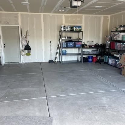 A garage filled with lots of shelves and boxes