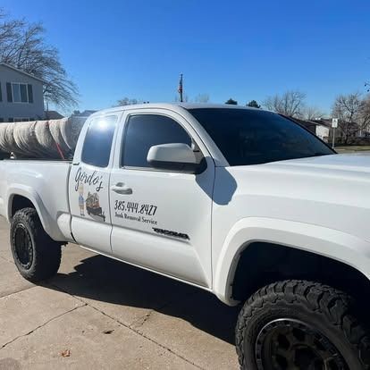 A white truck is parked on the side of the road.