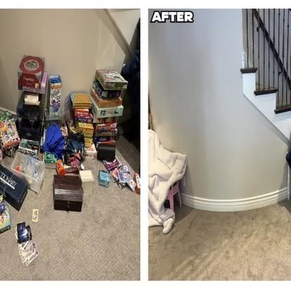 A before and after picture of a messy room with a staircase.