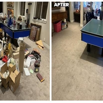 A before and after photo of a messy room with a ping pong table.
