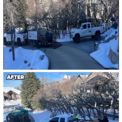 A before and after photo of a snowy driveway