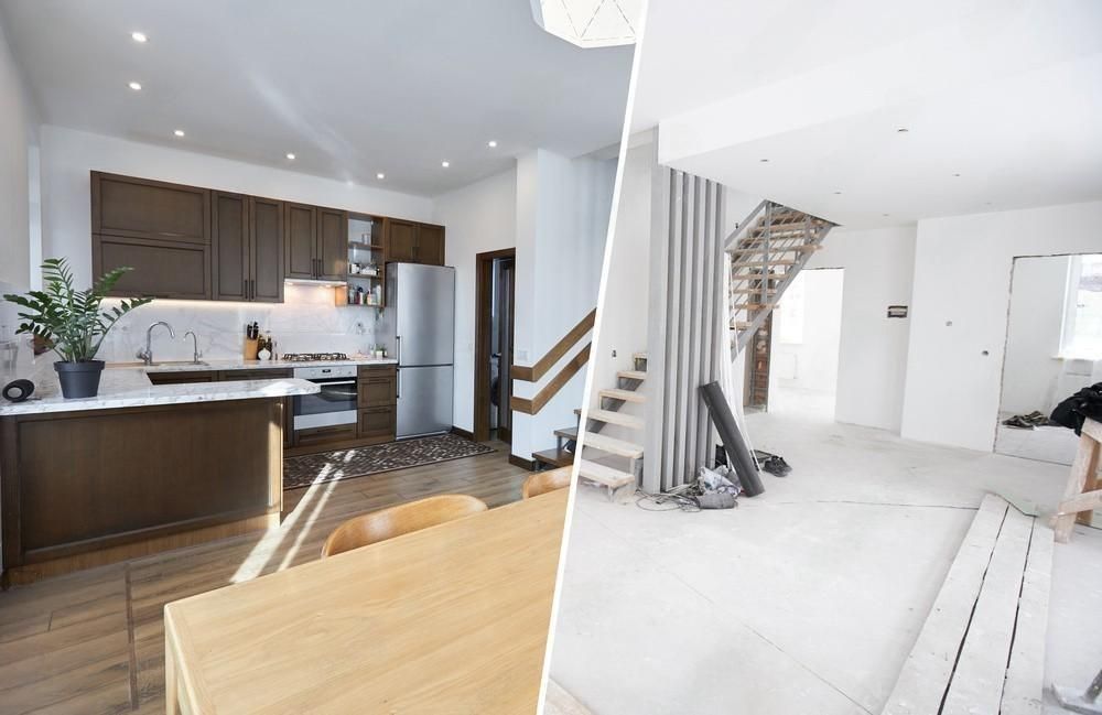 a before and after photo of a kitchen and dining room .