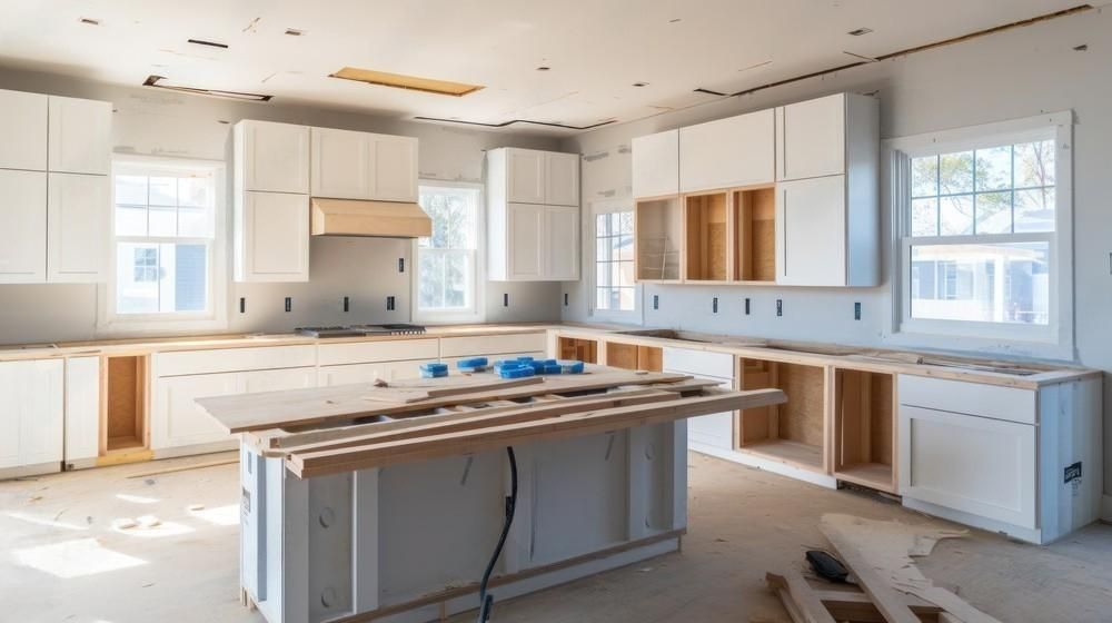 a kitchen under construction with white cabinets and wooden counter tops .