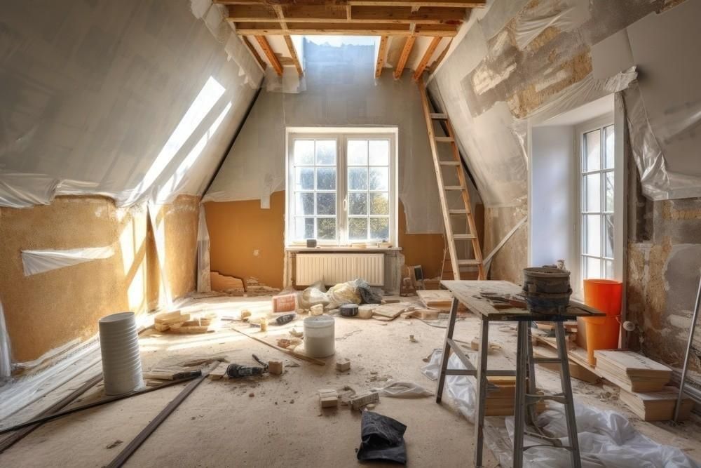 a room that is being remodeled with a ladder and a table .