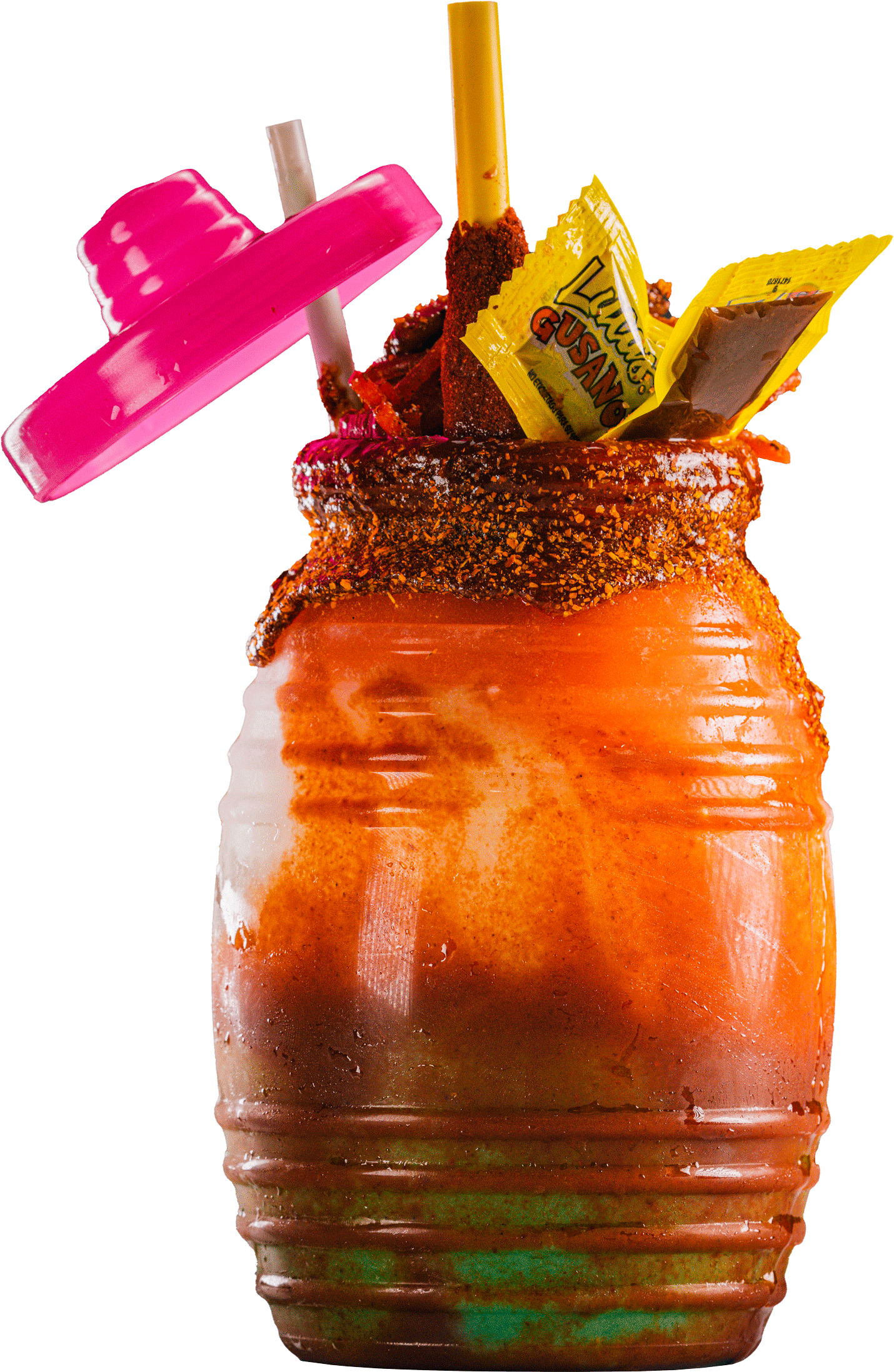 A drink in a jar with a straw and a sombrero on top.