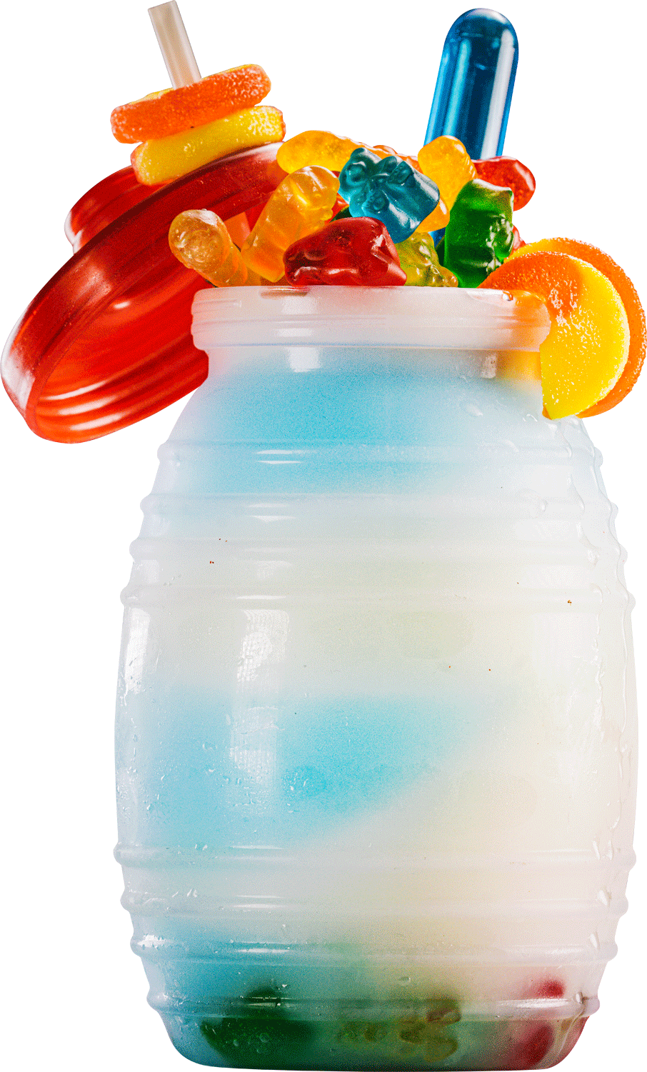 A jar filled with gummy bears and a straw.