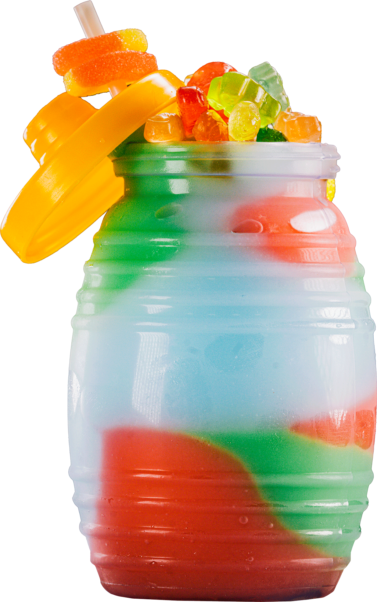 A mason jar filled with gummy bears and a straw