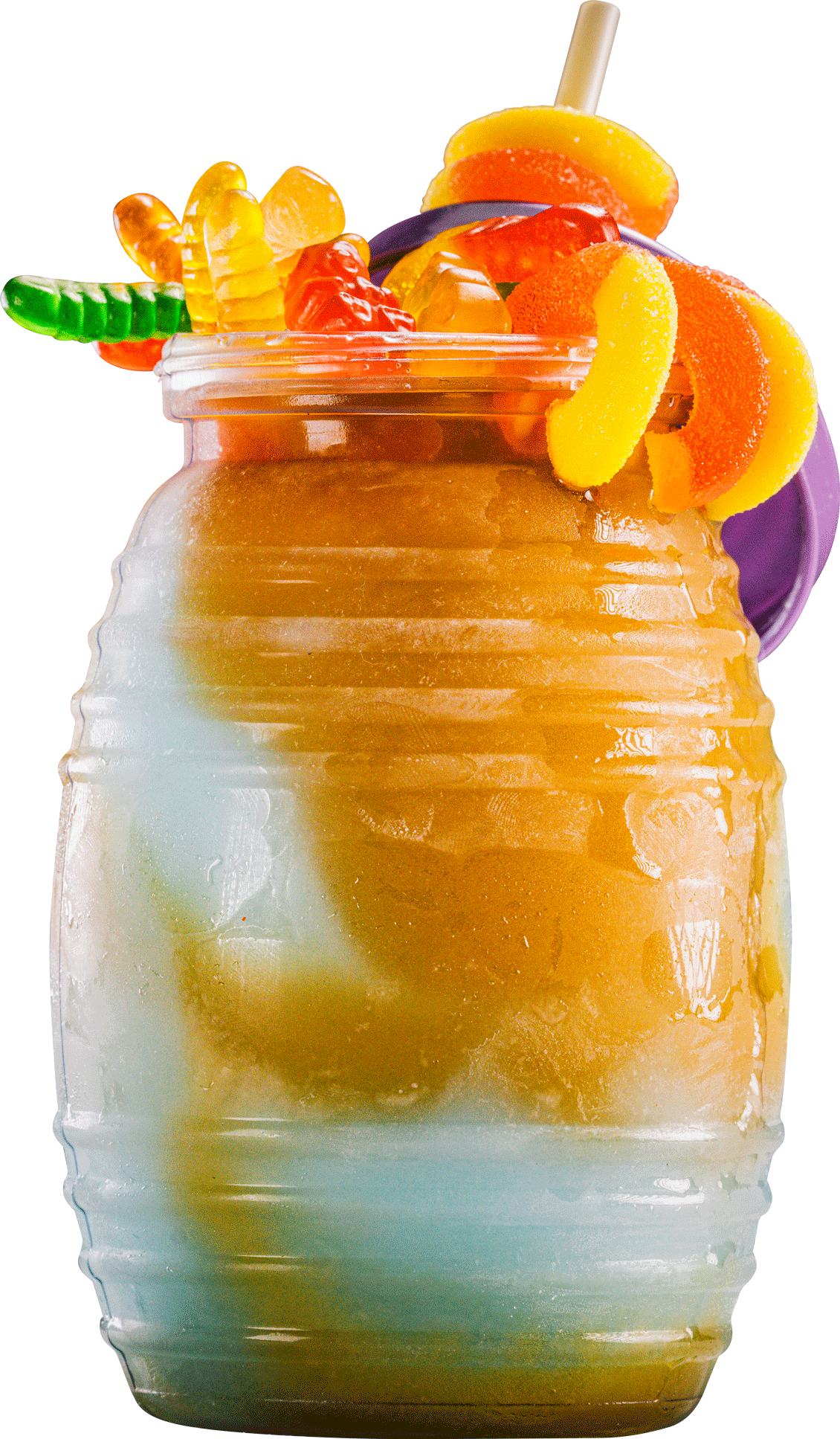 A mason jar filled with ice cream and gummy bears.