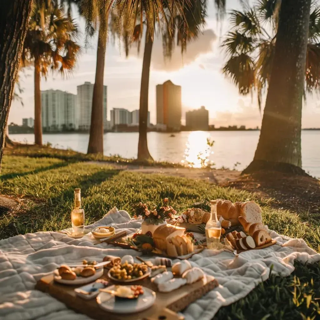 Downtown Sarasota Picnic setup with food and drinks on a blanket, near water with buildings in the background.