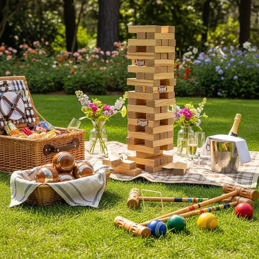 collection of upscale picnic games including giant jenga and bocce balls in a lush outdoor setting