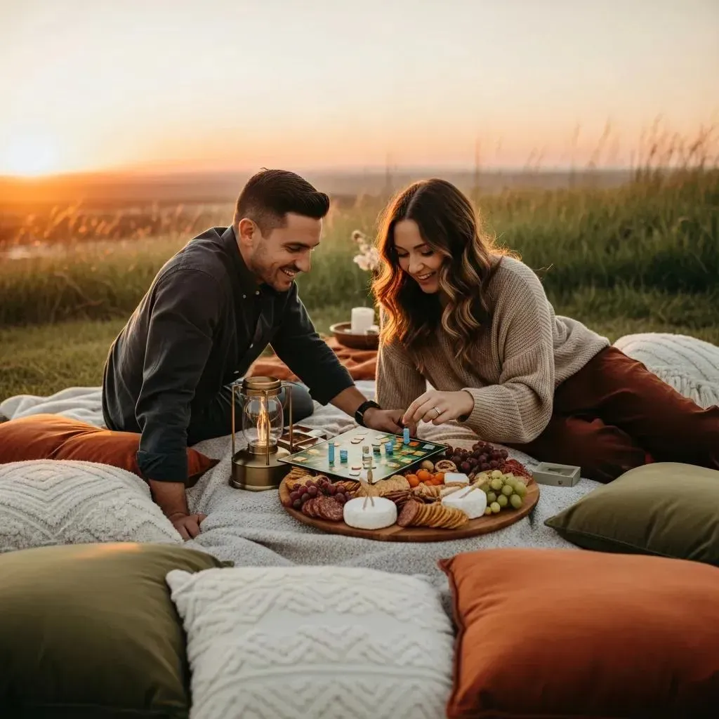 couple enjoying a romantic picnic with games and sunset backdrop creating an intimate atmosphere