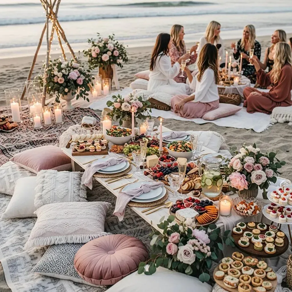 elegant luxury pop up picnic setup on the beach with curated food and cozy decor for a bachelorette party