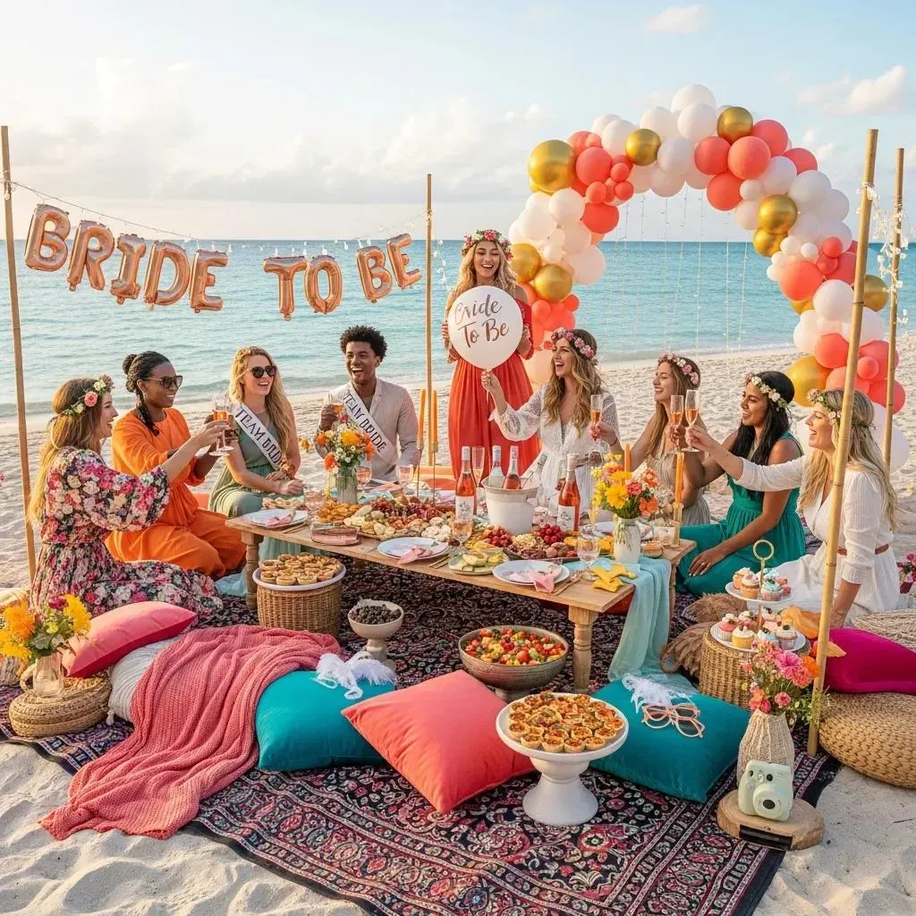 festive bachelorette picnic party setup on the beach with colorful decorations and friends