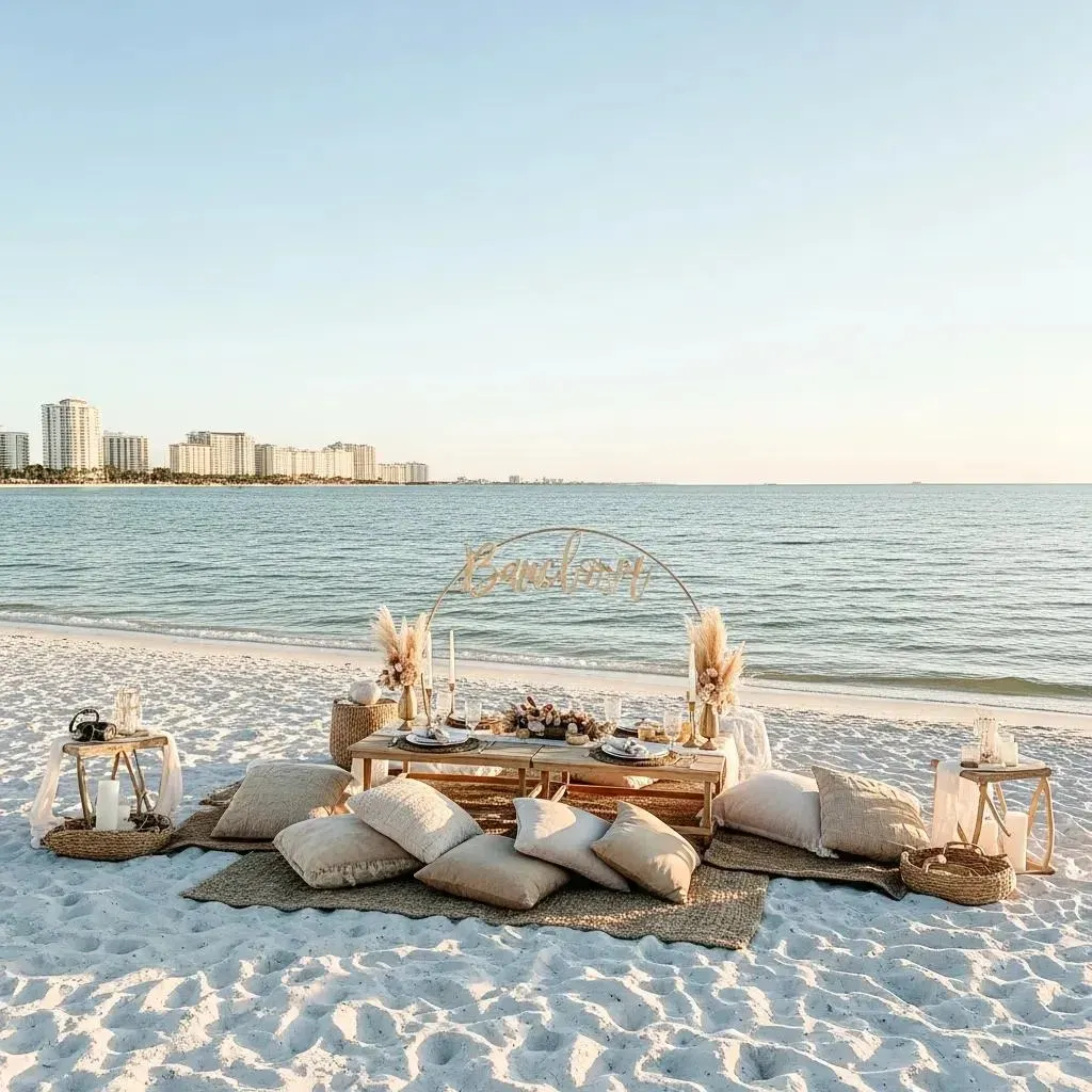 luxury bachelorette picnic setup on sarasota beach with elegant decor and fresh food