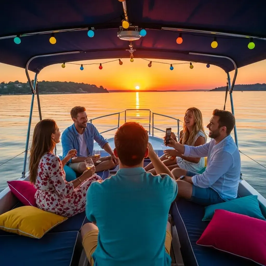 group of friends enjoying a sunset cruise in sarasota with vibrant sunset reflections on the water