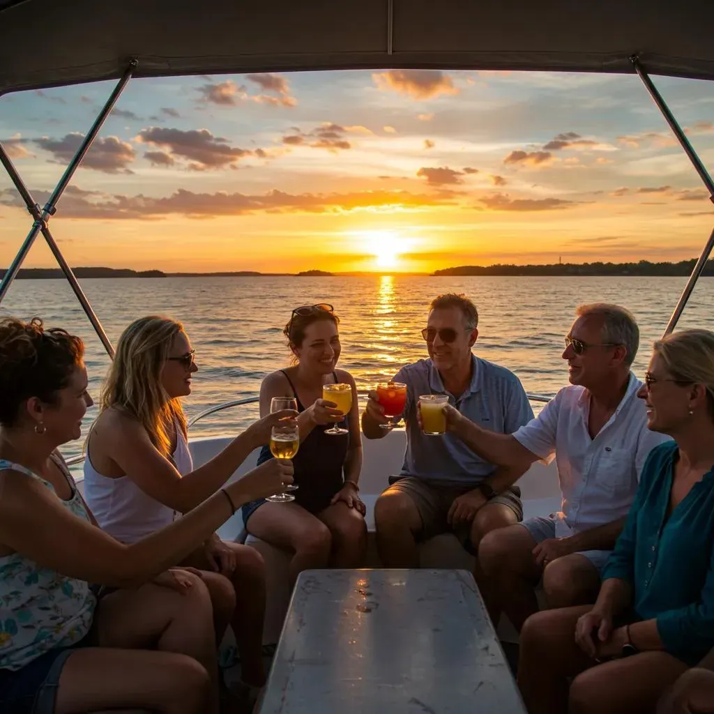 group of friends on a sunset cruise in sarasota enjoying the scenic view