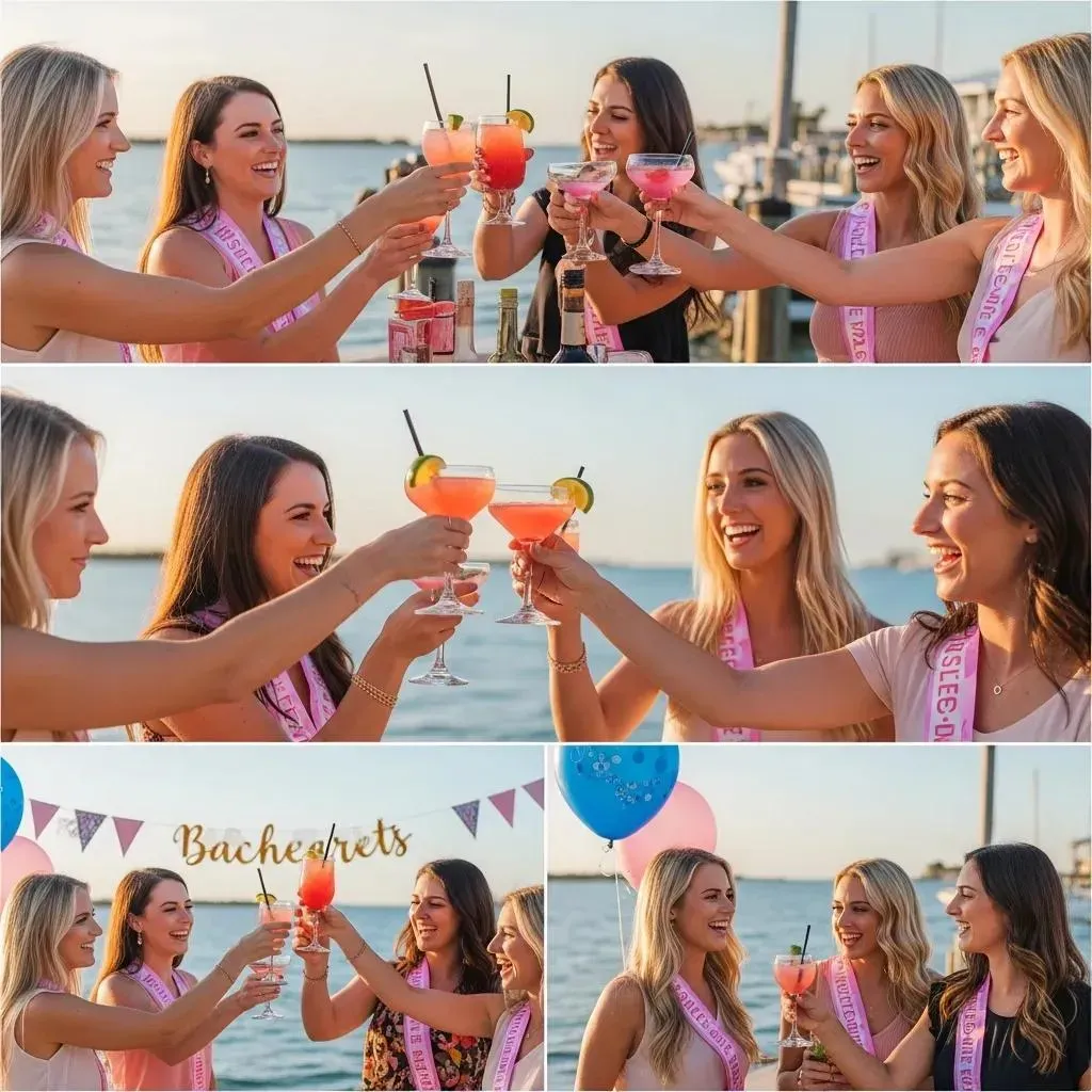 group of women celebrating a bachelorette party at a waterfront bar in sarasota with cocktails and a