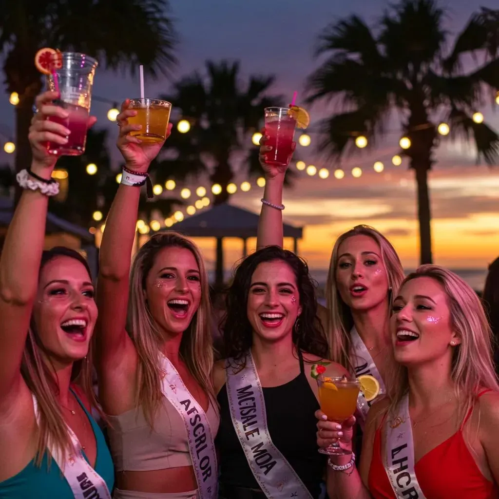group of women enjoying a bachelorette party in sarasota with cocktails and sunset