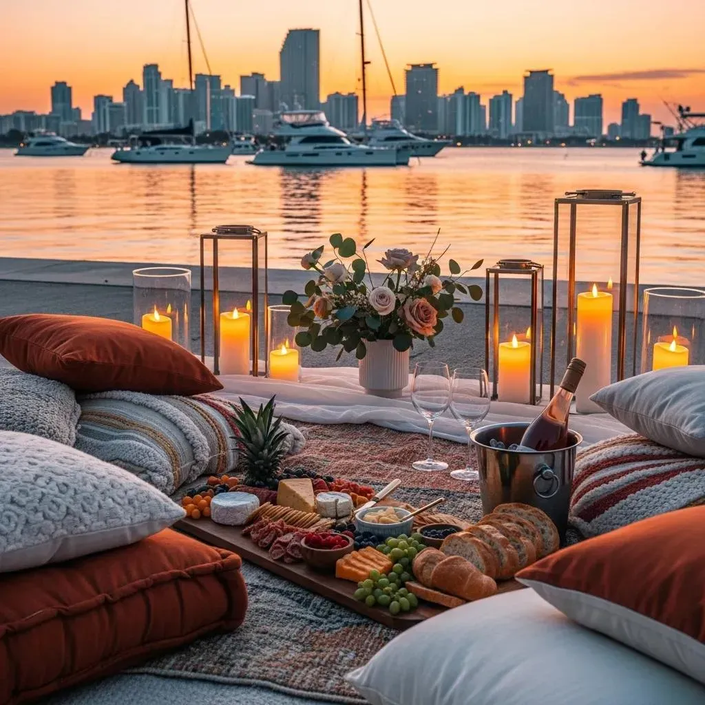 intimate picnic setup at bayfront park with sunset views and elegant decor
