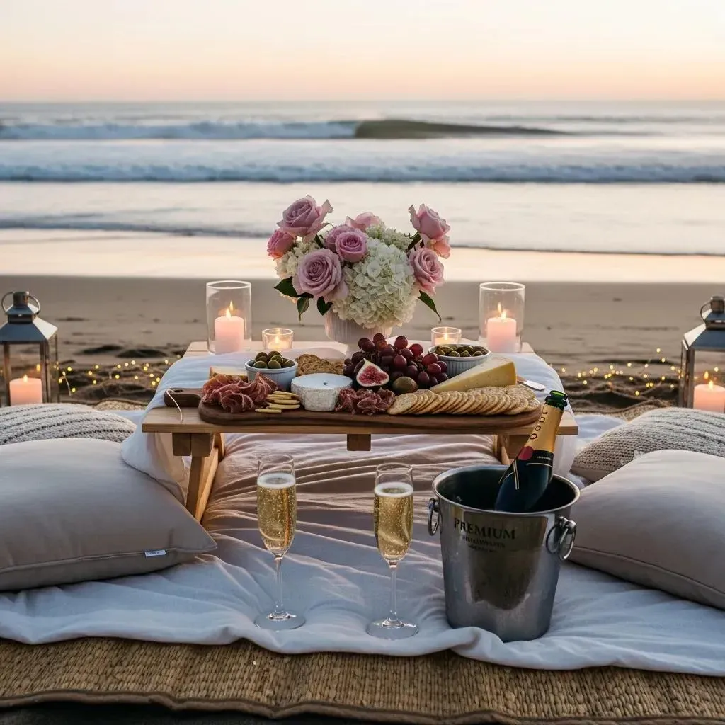 intimate romantic picnic setup on the beach with floral-decor and gourmet food