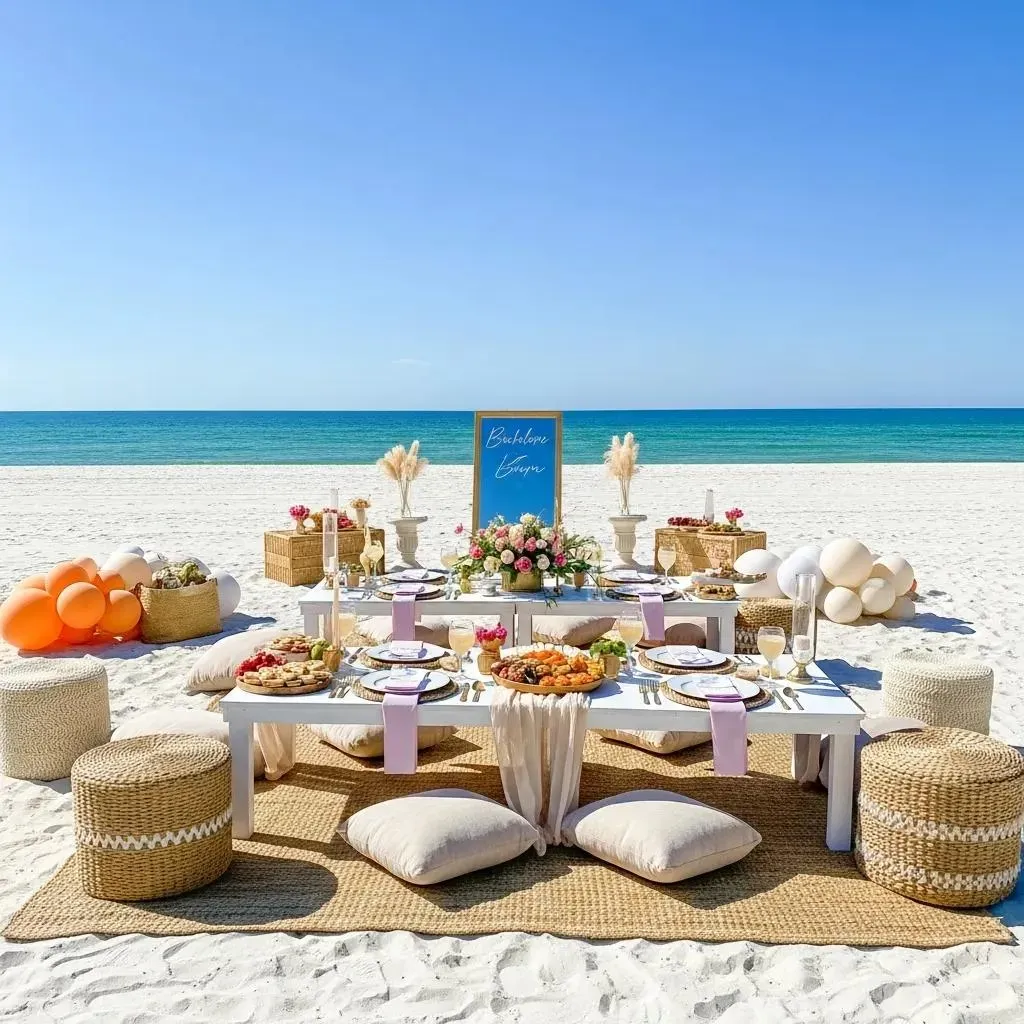luxurious bachelorette party picnic setup on sarasota beach with elegant decor and stunning coastal backdrop