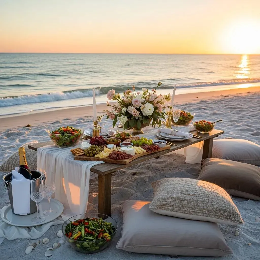 luxury picnic setup on sarasota beach with gourmet food and elegant decor