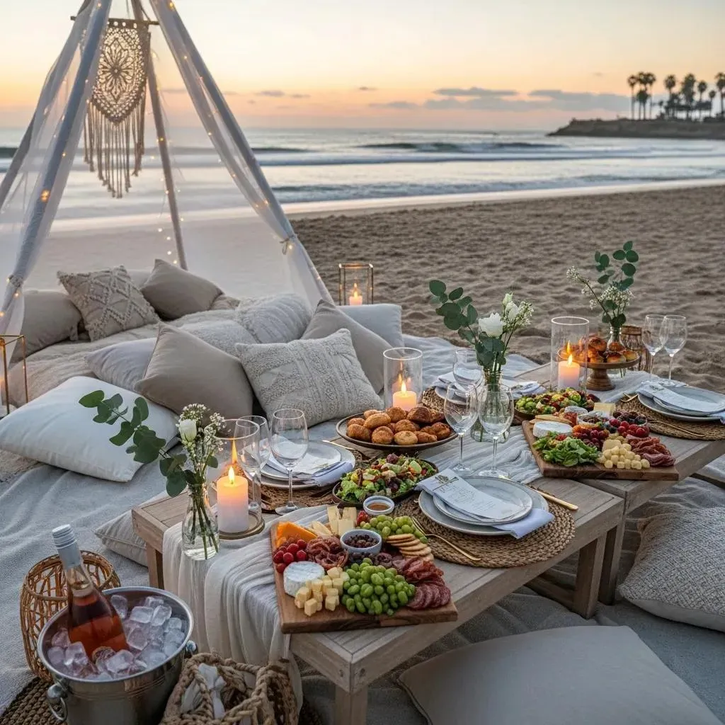 luxury pop up picnic setup on the beach with gourmet food and a scenic backdrop
