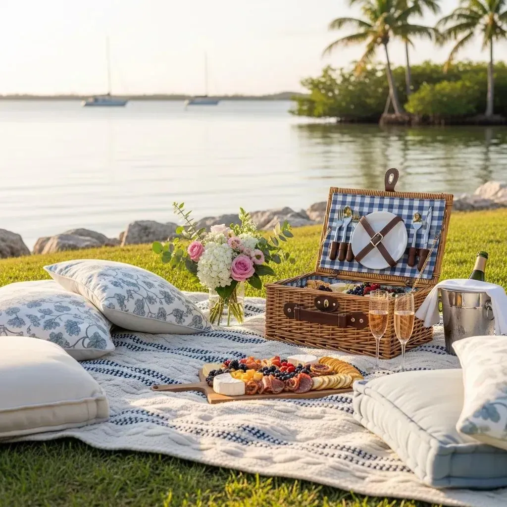 scenic picnic setup at bird key park with shoreline views and floral decor