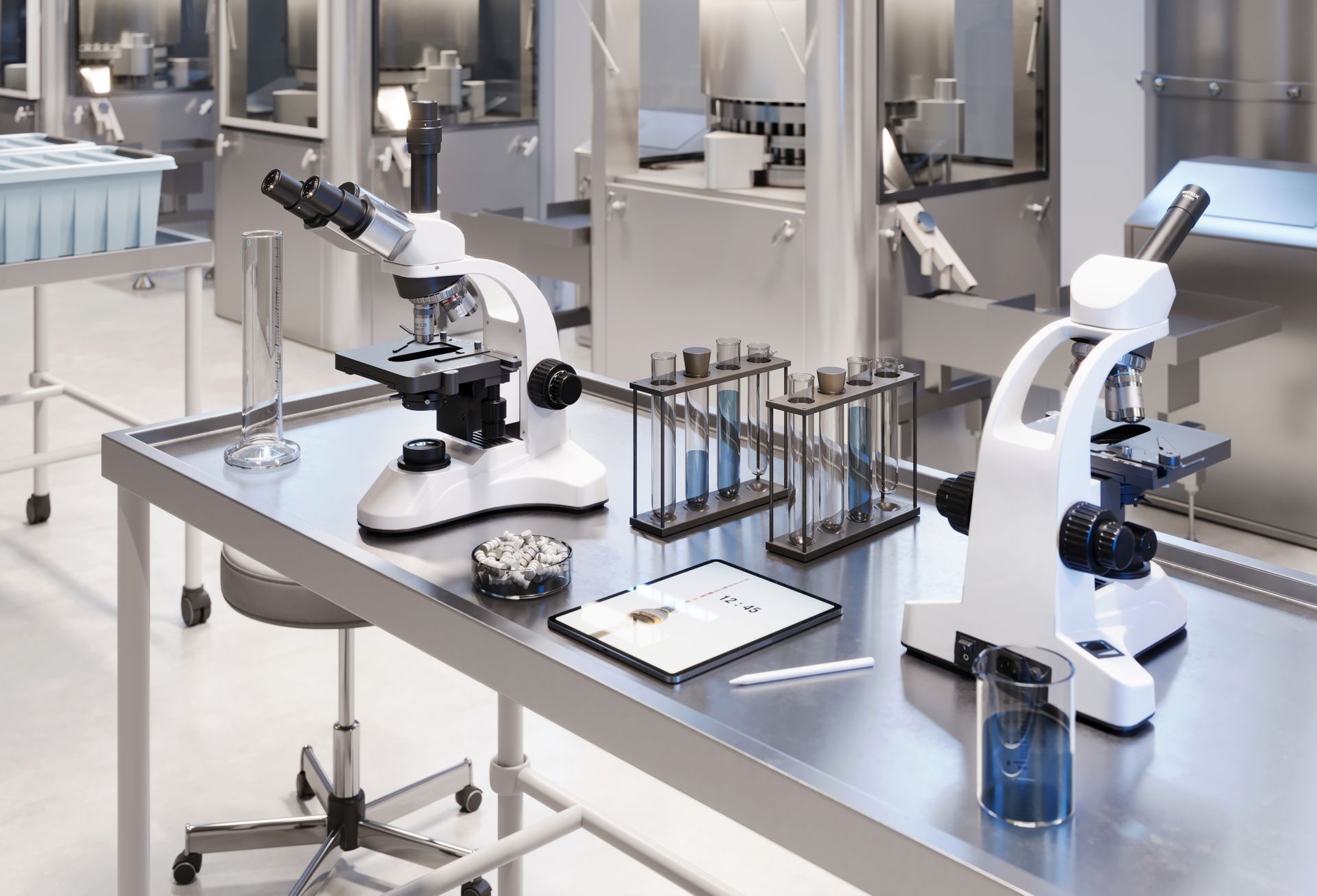 Two microscopes are sitting on a table in a laboratory.