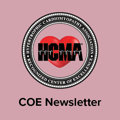 HCMA round logo. Black words that read Hypertrophic Cardiomyopathy Association Recognized Center of Excellence around a red heart