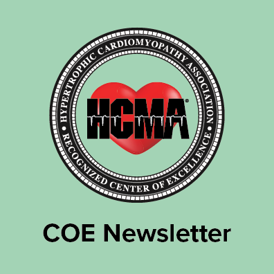 HCMA round logo. Black words that read Hypertrophic Cardiomyopathy Association Recognized Center of Excellence around a red heart