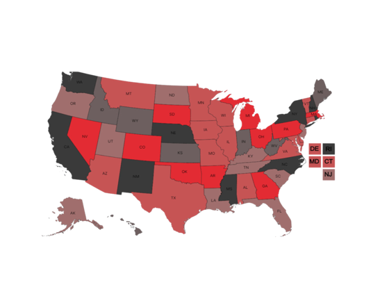 Map pf the United States. Each state is colored in depending on levels of Cardiac Safety.