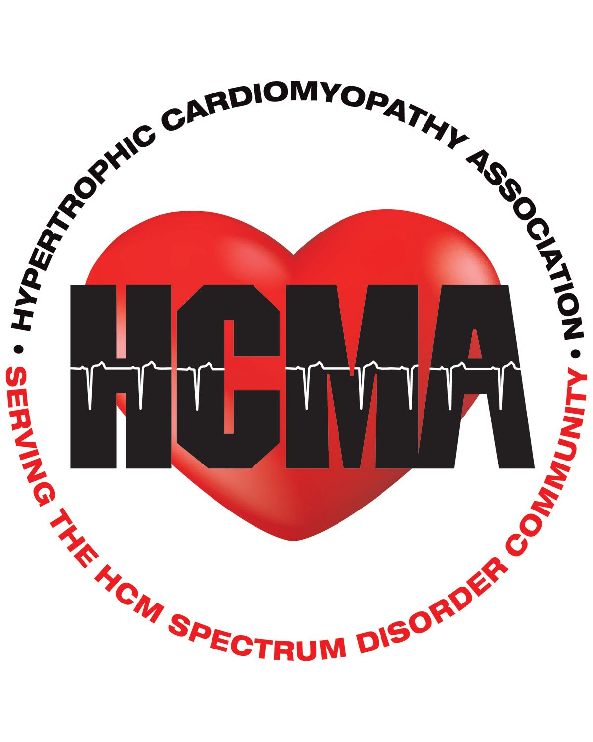 A red heart, black block letters that read HCMA, w/a white heartbeat through the center