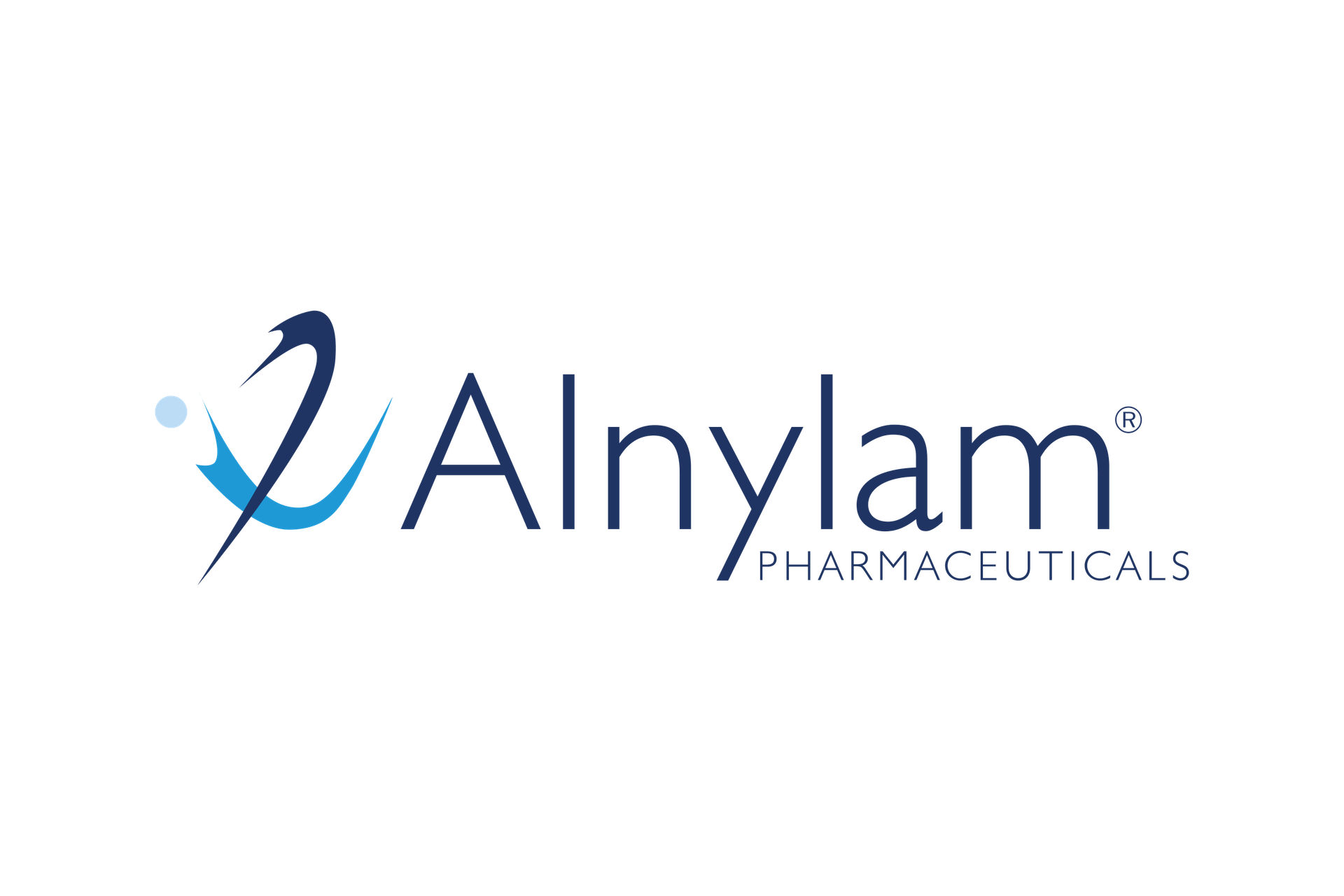 Light & dark blue brush stroke that intersect create an abstract letter 'a' next to the word Alnylam