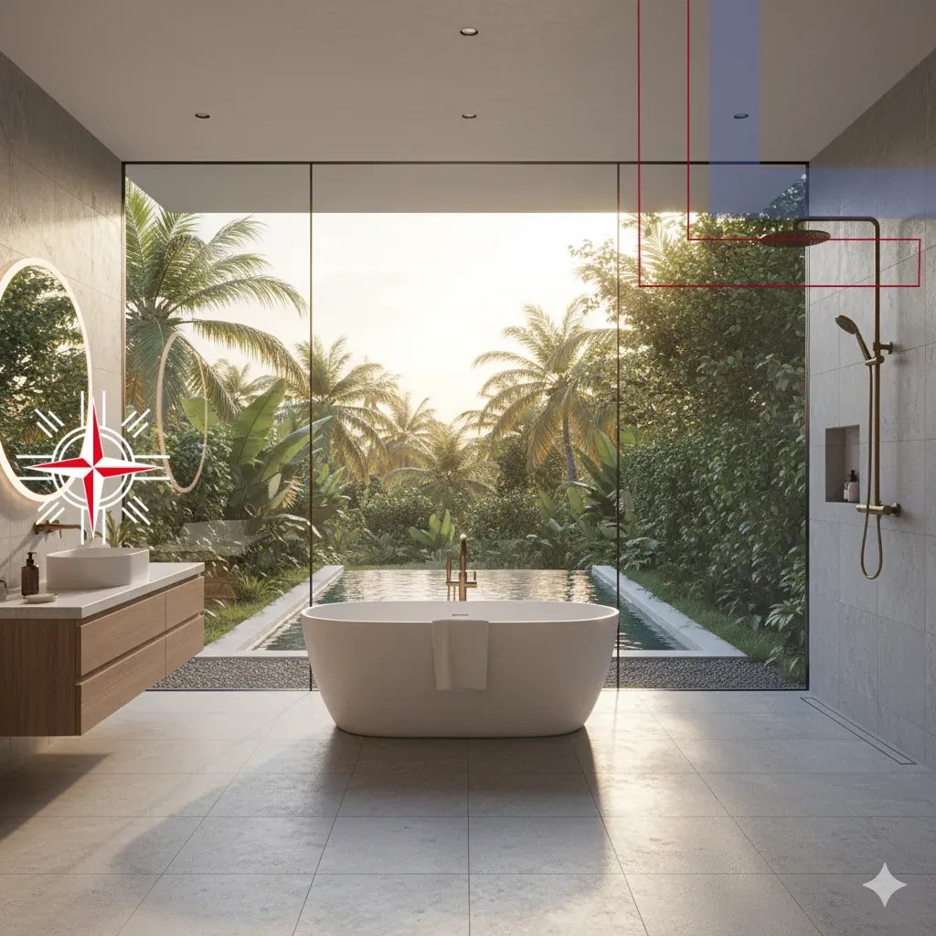 banheiro com parede de vidro