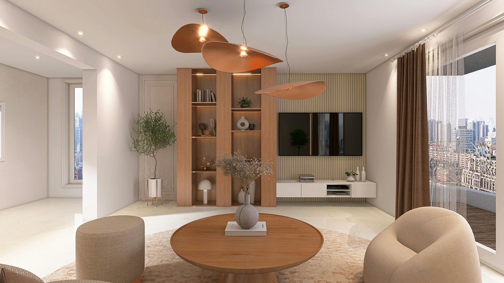A bright, modern living room featuring a round wooden coffee table, beige armchairs, floor-to-ceiling shelves, and a TV.