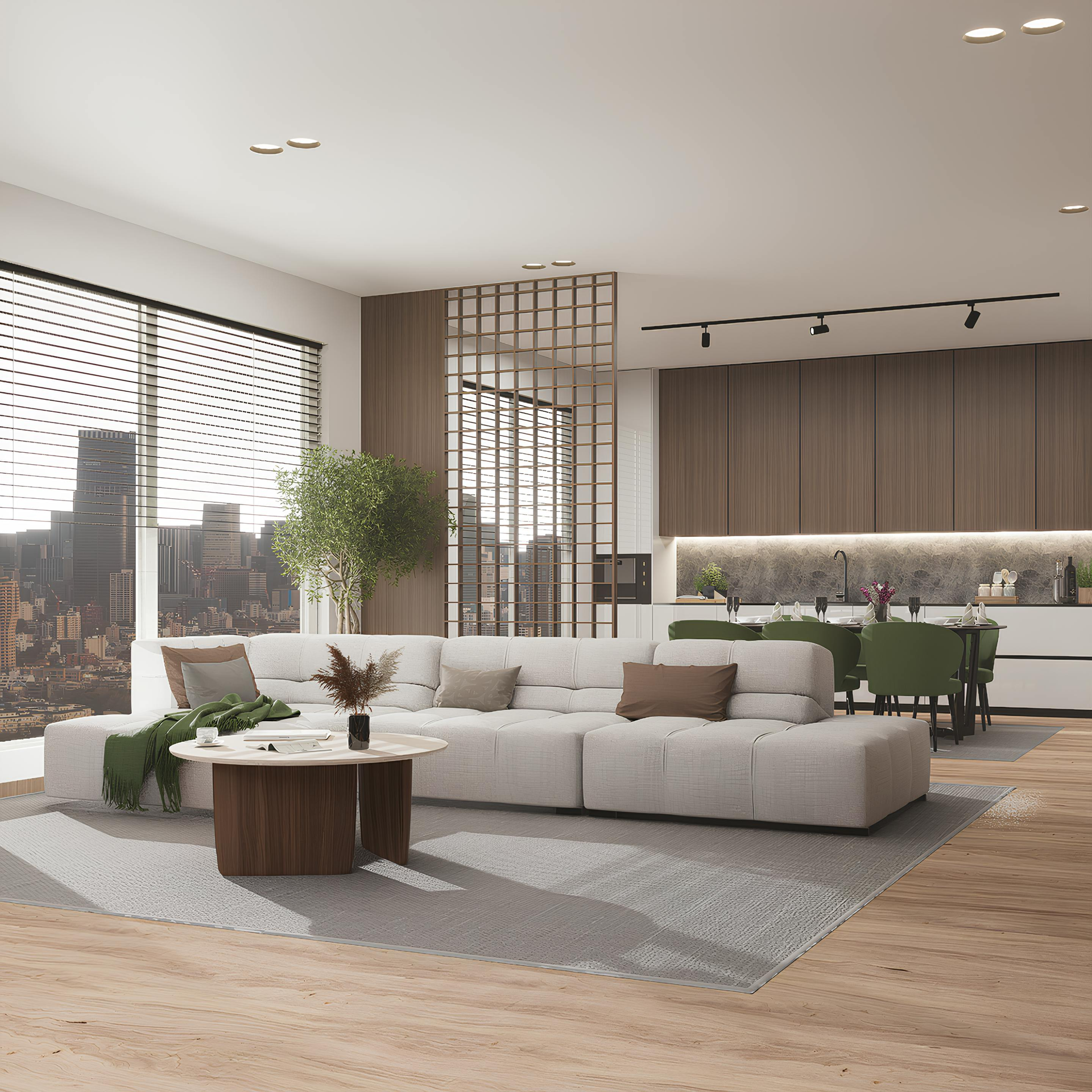 Modern open-concept living area with a beige sectional, wooden coffee table, and dining space against a city view window.