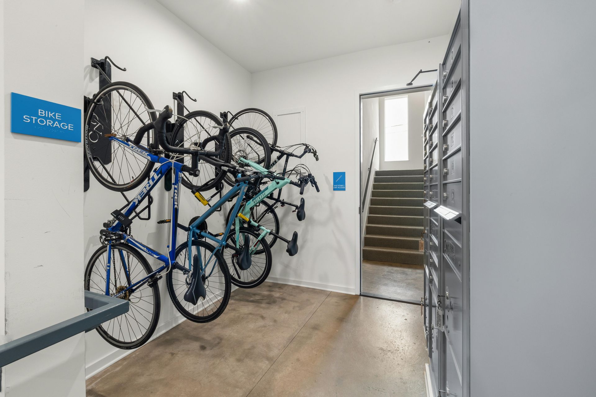 A bike storage room with multiple bicycles hung on wall racks near a doorway leading to a concrete staircase.