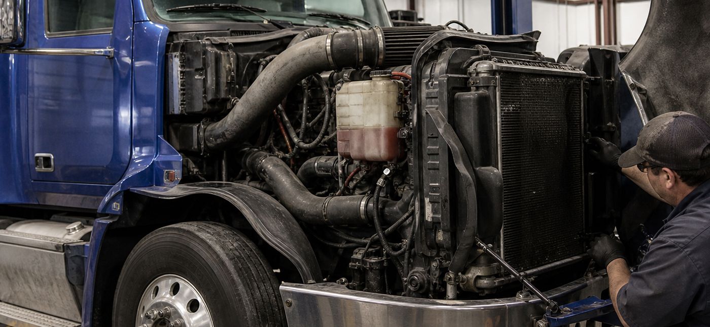 Blue semi-truck engine being inspected in a garage by a mechanic