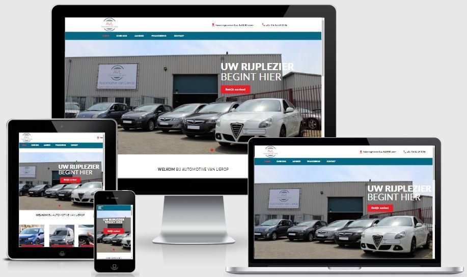 Een computer, tablet en telefoon tonen een website voor een autodealer.