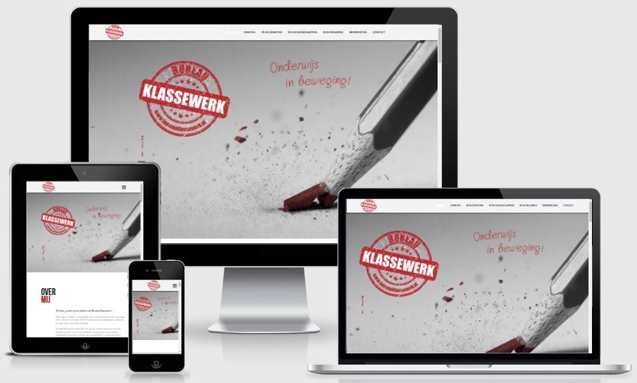 Een website wordt weergegeven op een computer, tablet en telefoon.