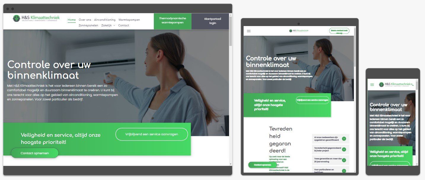 Een vrouw is een airconditioner aan het afstellen op een computer, tablet en mobiele telefoon.