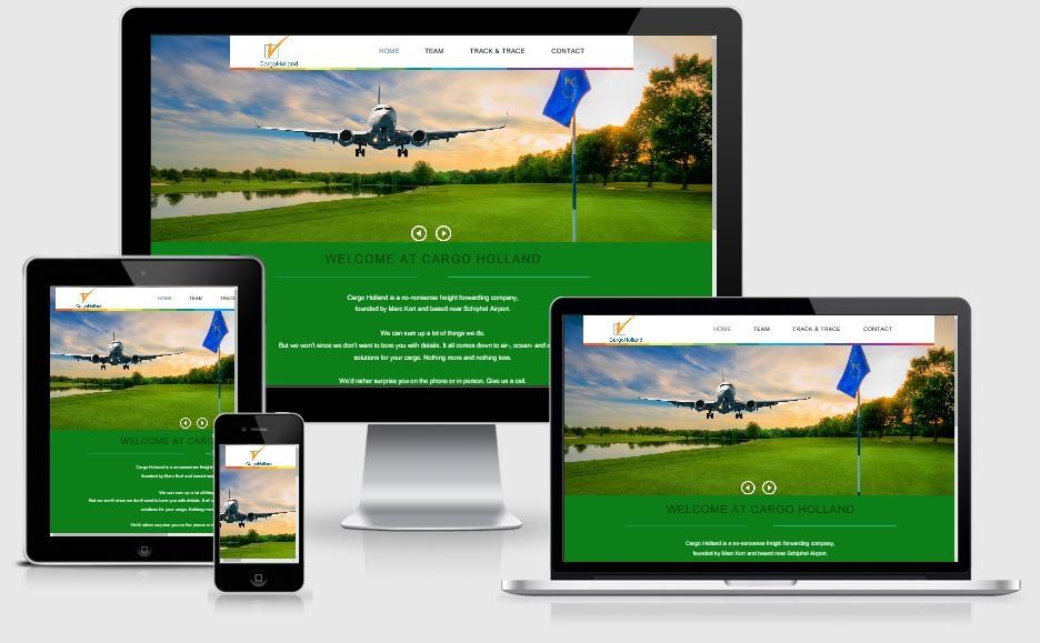 Een website wordt weergegeven op een computer, tablet en telefoon.