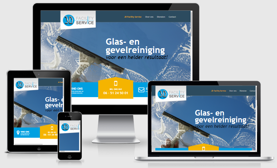 Een website wordt weergegeven op een computer, tablet en telefoon.