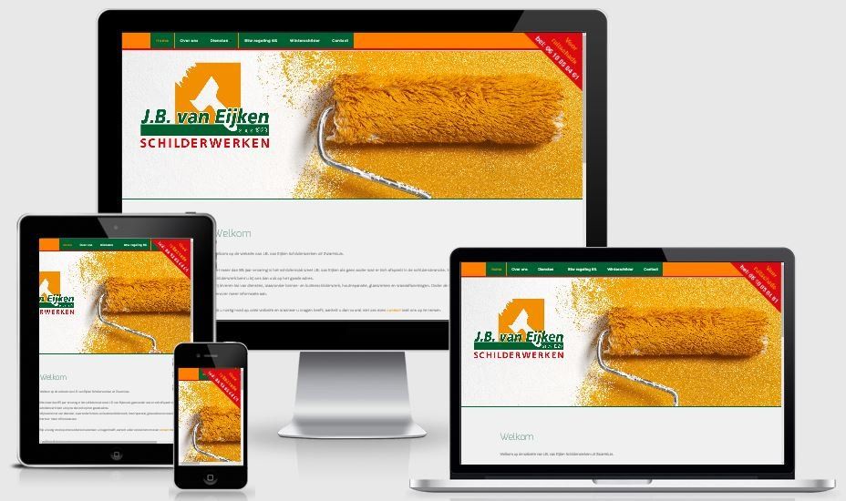 Een website wordt weergegeven op een computer, tablet en telefoon.
