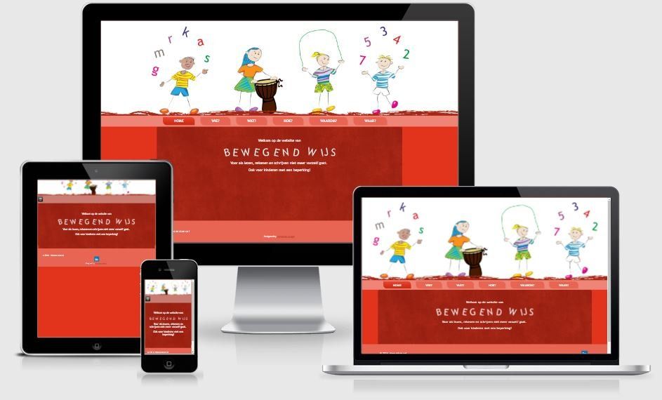 Een computermonitor, een tablet, een telefoon en een laptop met daarop een website