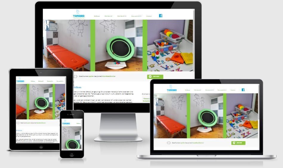 Een computermonitor, een tablet, een telefoon en een laptop met daarop een website