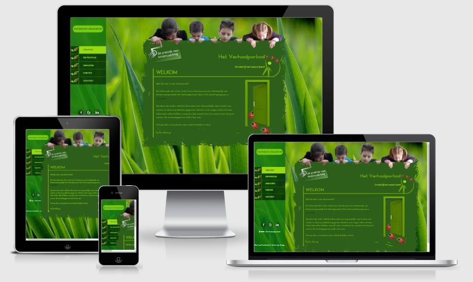 Een computermonitor, een tablet, een telefoon en een laptop, allemaal met een groene website