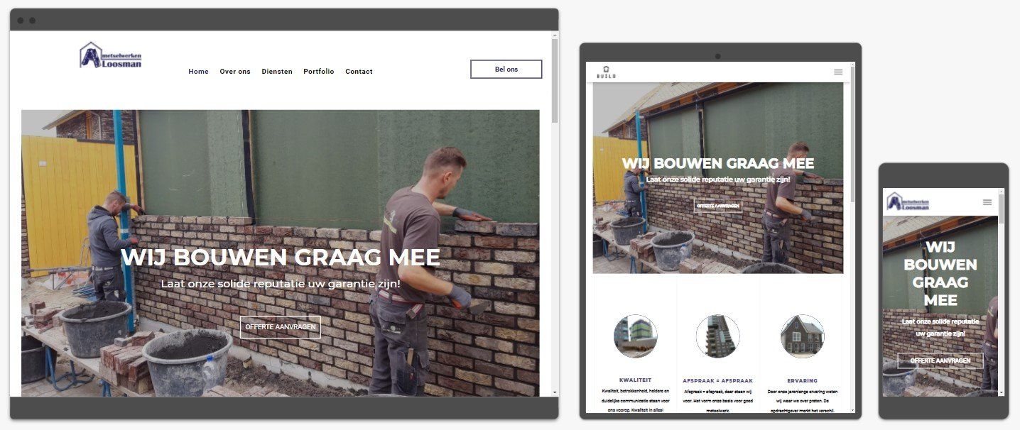 Een screenshot van een website op een computer, tablet en mobiele telefoon.