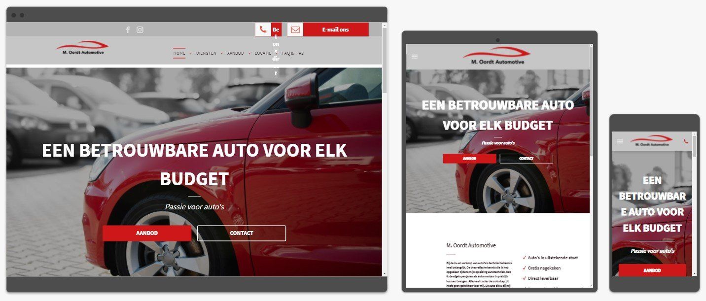 Een screenshot van een website op een computer, tablet en telefoon.